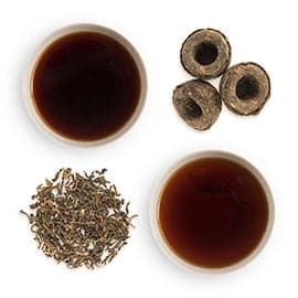 loose groupings and cups of Pu-erh Tea